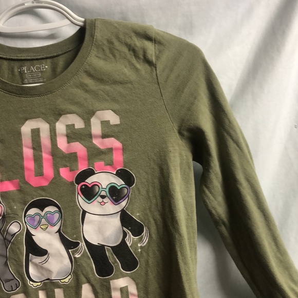 Large 10/12 girls long sleeved Floss Squad olive green shirt guc - Picture 6 of 9